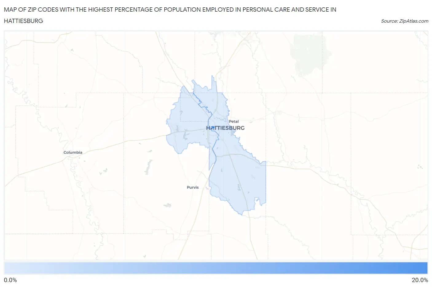 Zip Codes with the Highest Percentage of Population Employed in Personal Care and Service in Hattiesburg Map