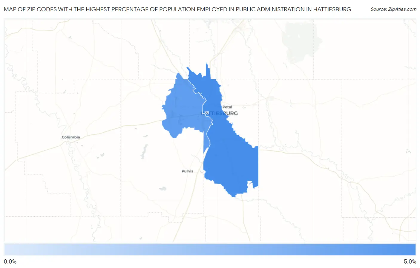 Zip Codes with the Highest Percentage of Population Employed in Public Administration in Hattiesburg Map
