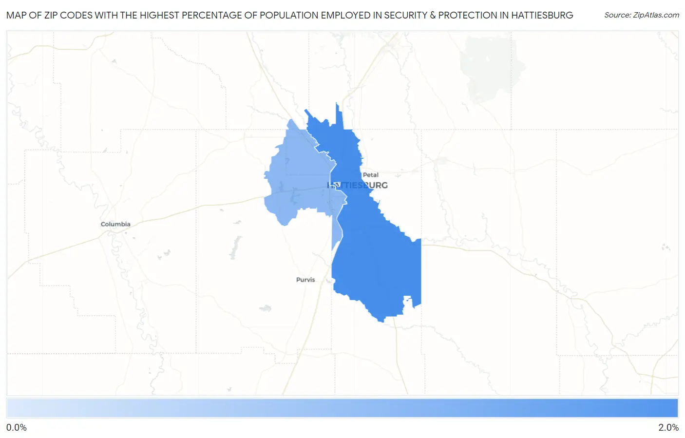 Zip Codes with the Highest Percentage of Population Employed in Security & Protection in Hattiesburg Map