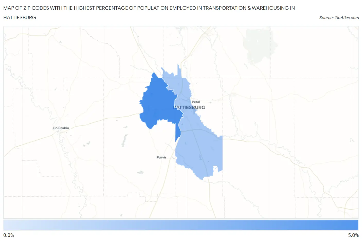 Zip Codes with the Highest Percentage of Population Employed in Transportation & Warehousing in Hattiesburg Map