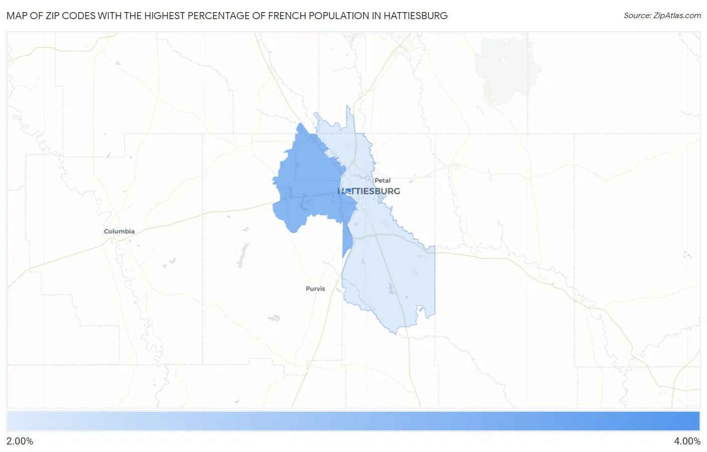 Zip Codes with the Highest Percentage of French Population in Hattiesburg Map