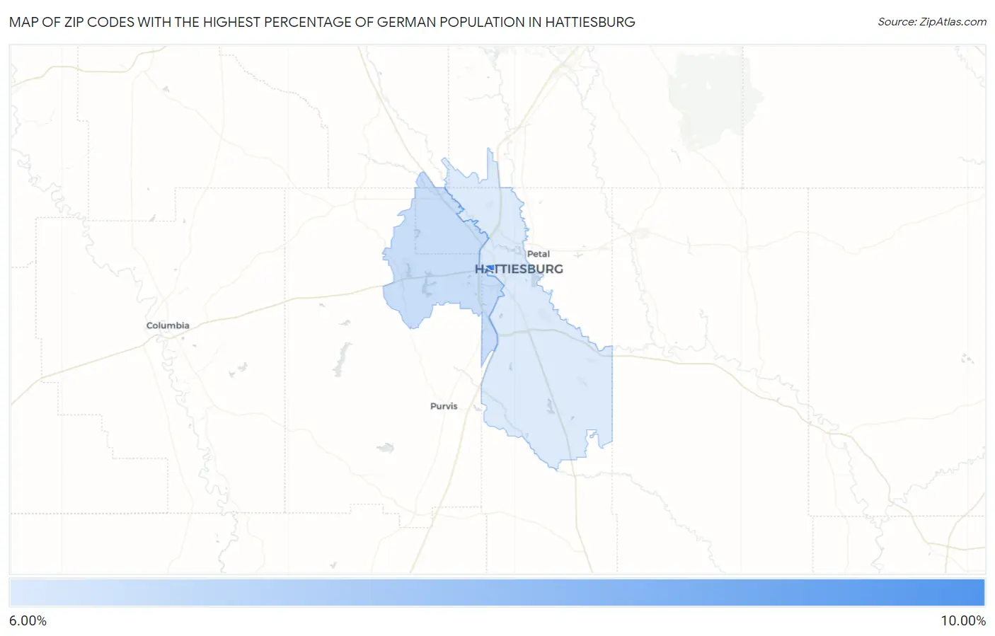 Zip Codes with the Highest Percentage of German Population in Hattiesburg Map