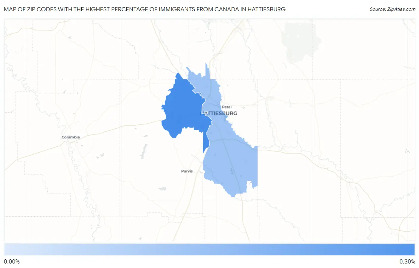 Zip Codes with the Highest Percentage of Immigrants from Canada in Hattiesburg Map