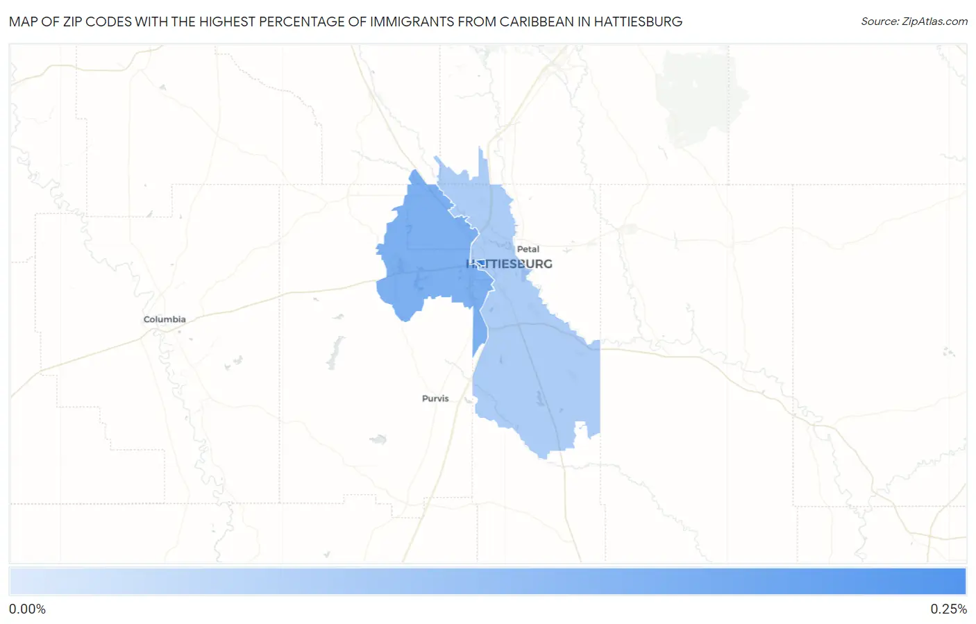 Zip Codes with the Highest Percentage of Immigrants from Caribbean in Hattiesburg Map