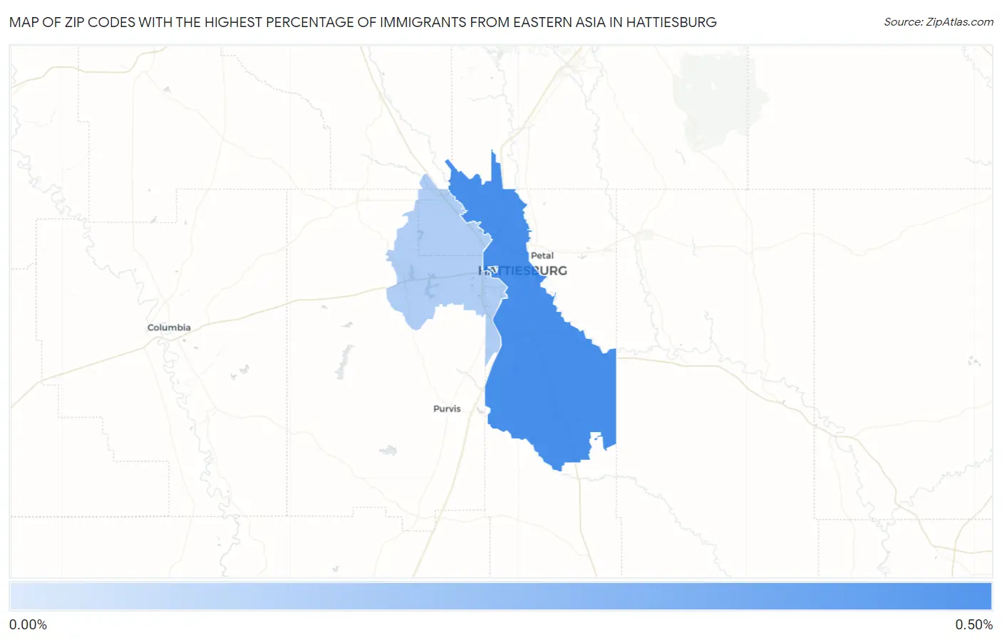 Zip Codes with the Highest Percentage of Immigrants from Eastern Asia in Hattiesburg Map