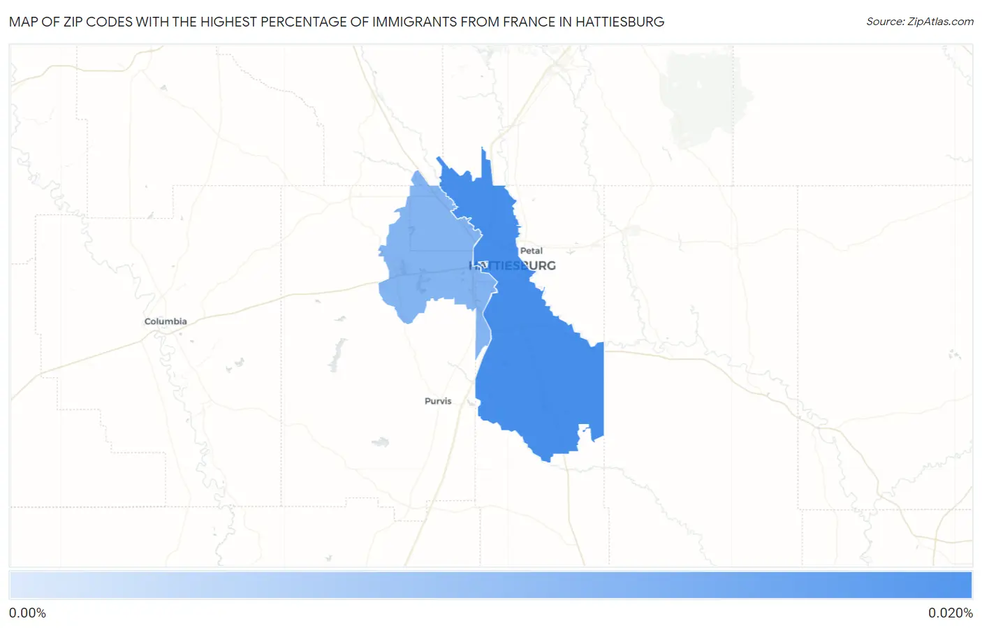 Zip Codes with the Highest Percentage of Immigrants from France in Hattiesburg Map