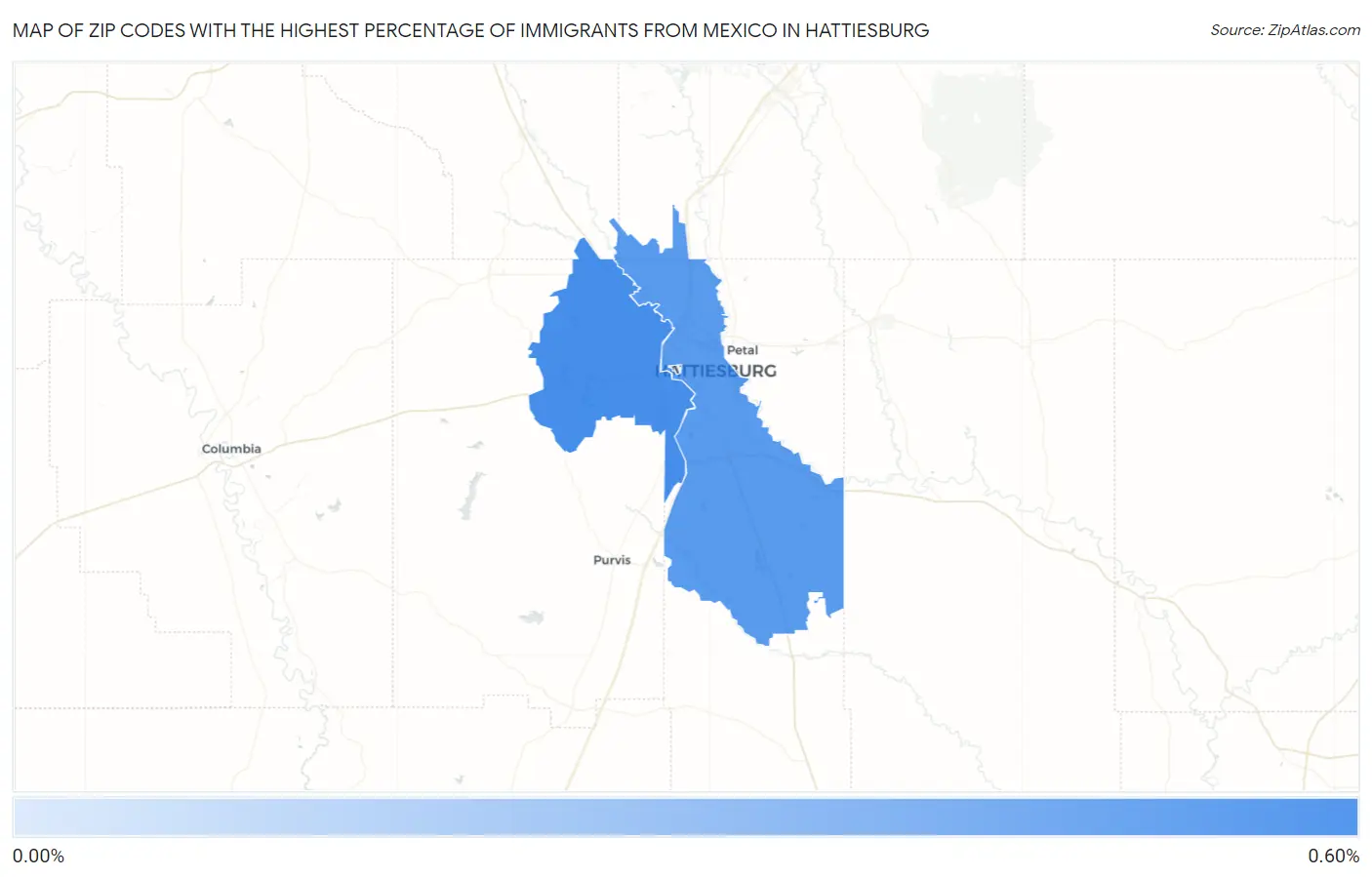 Zip Codes with the Highest Percentage of Immigrants from Mexico in Hattiesburg Map