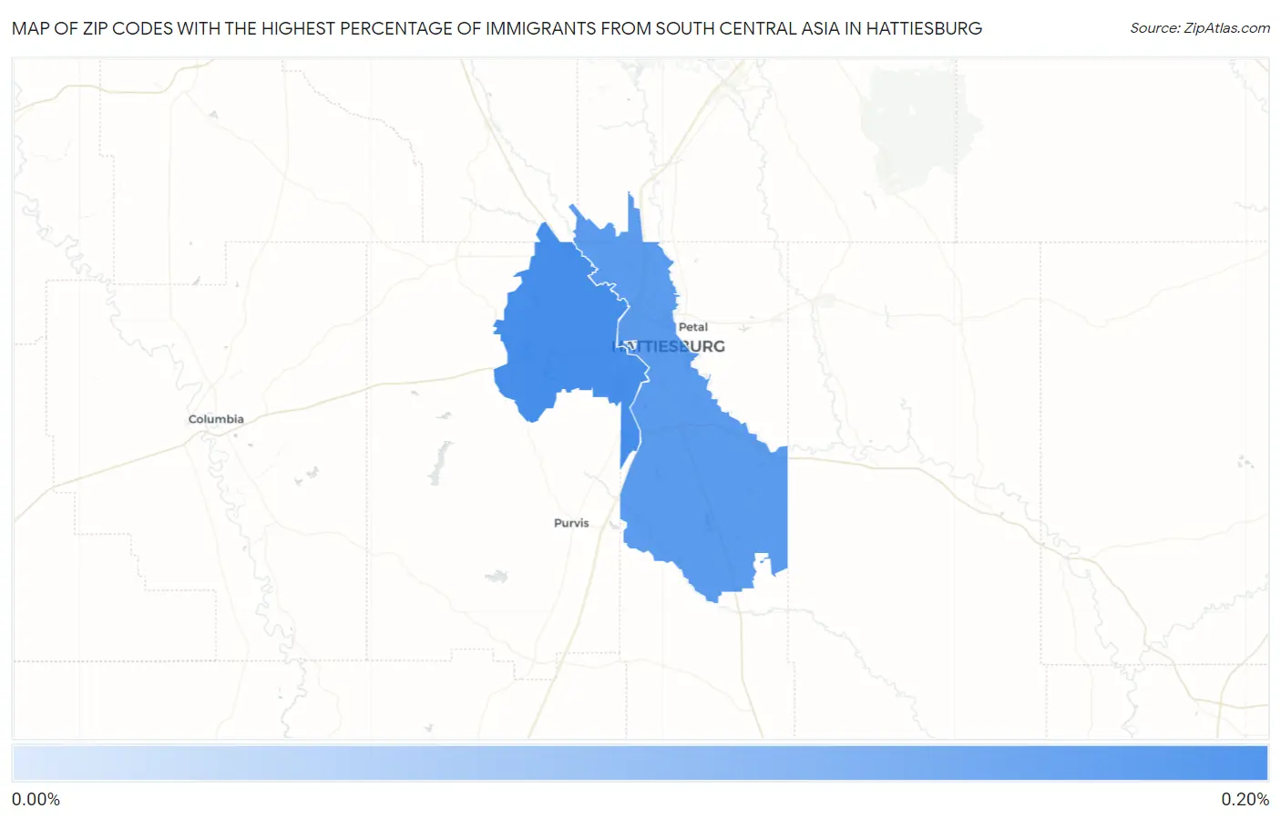Zip Codes with the Highest Percentage of Immigrants from South Central Asia in Hattiesburg Map