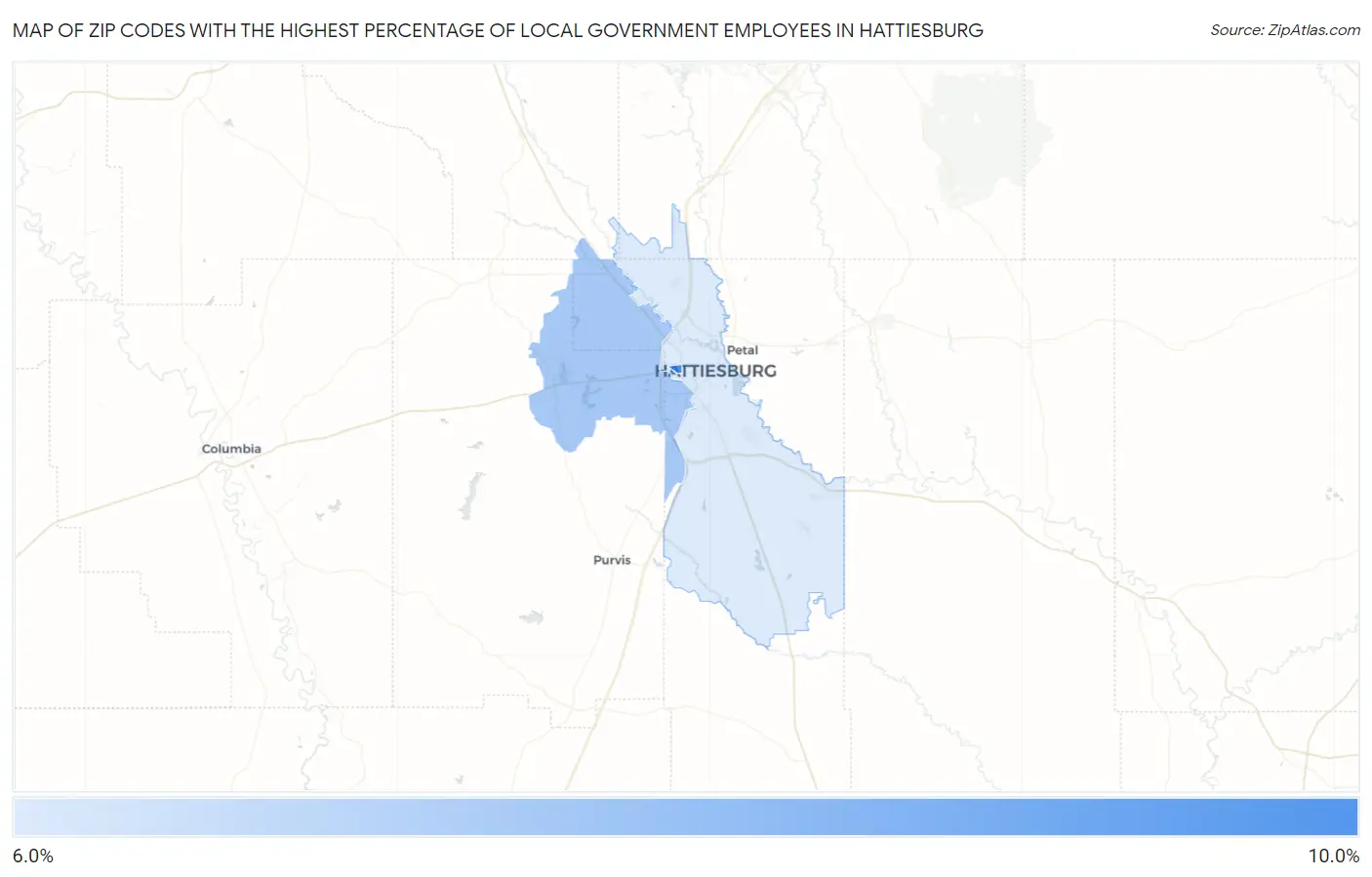Zip Codes with the Highest Percentage of Local Government Employees in Hattiesburg Map