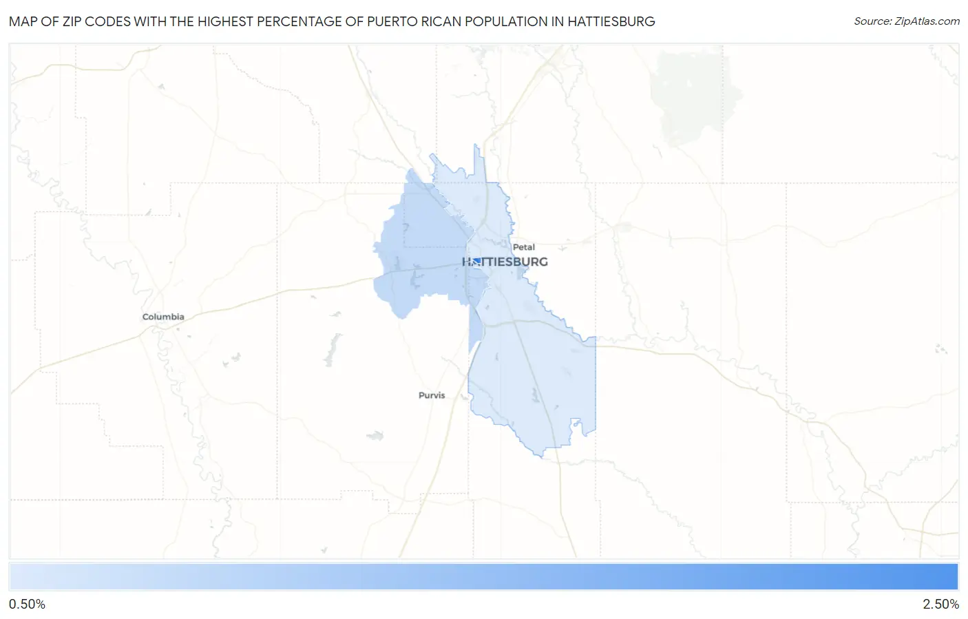 Zip Codes with the Highest Percentage of Puerto Rican Population in Hattiesburg Map