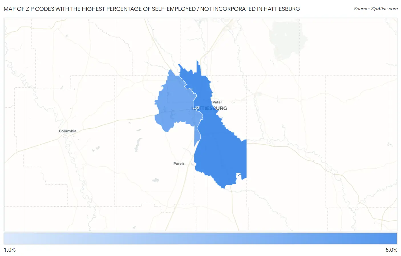 Zip Codes with the Highest Percentage of Self-Employed / Not Incorporated in Hattiesburg Map