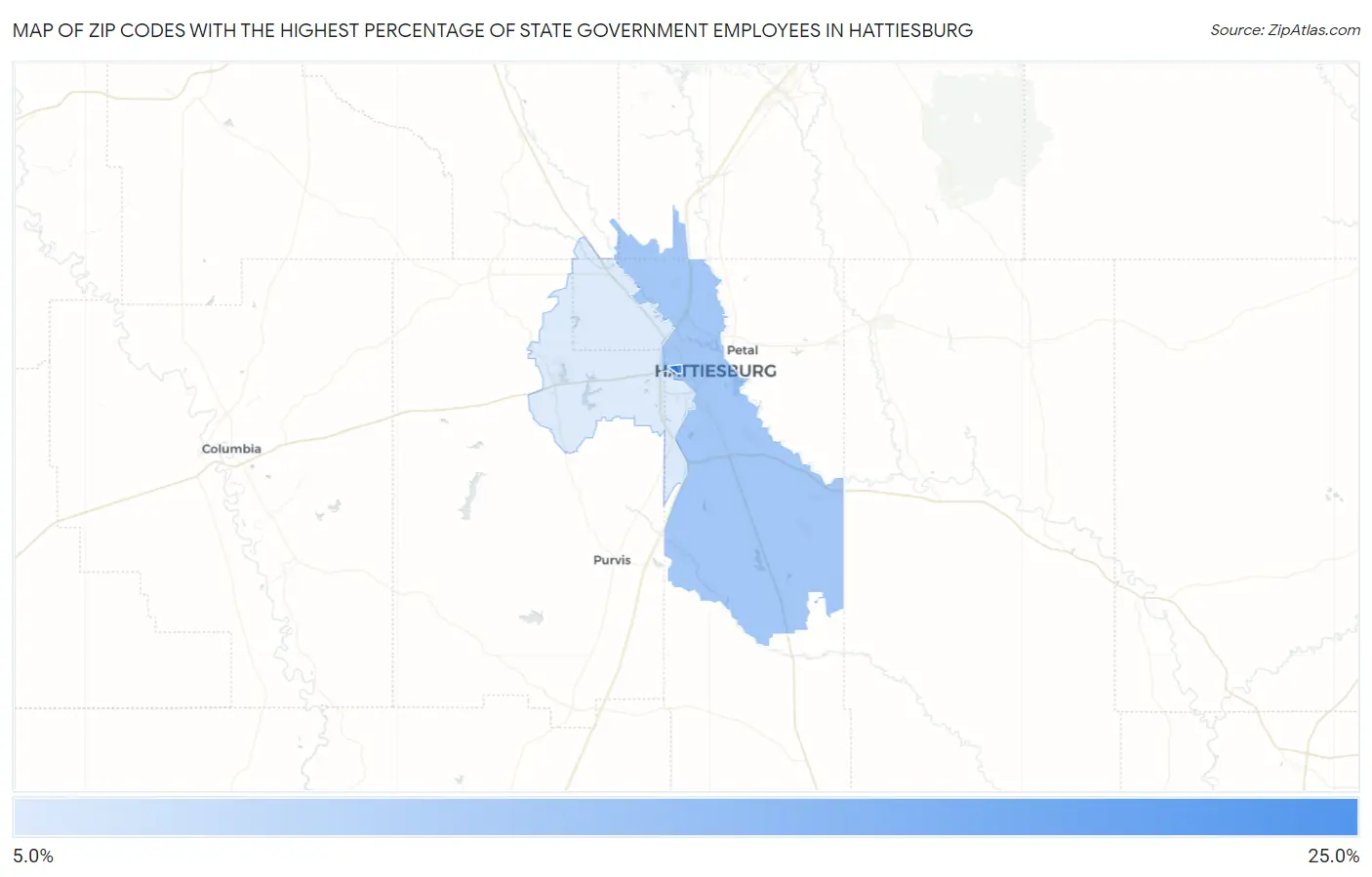 Zip Codes with the Highest Percentage of State Government Employees in Hattiesburg Map