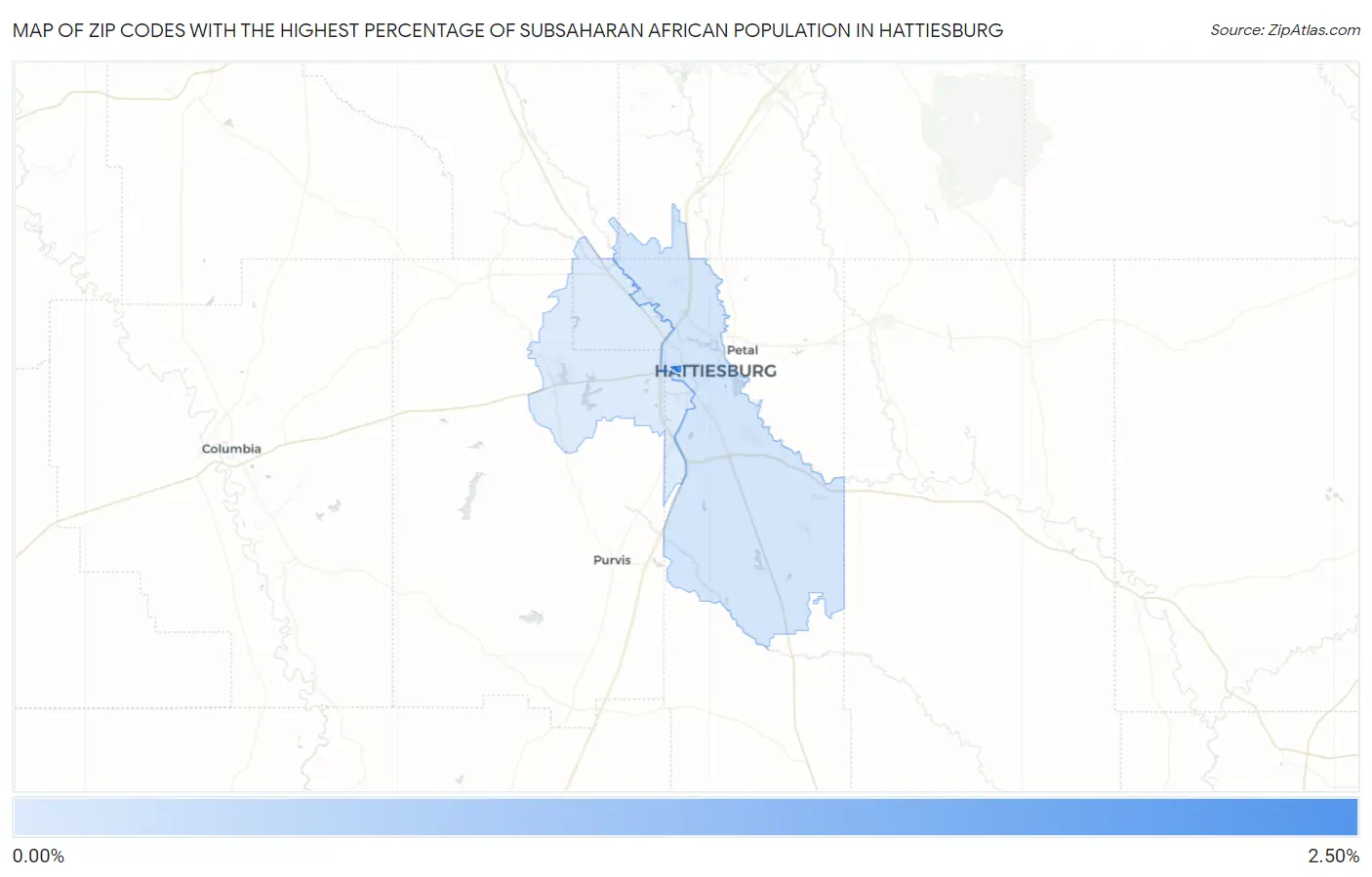 Zip Codes with the Highest Percentage of Subsaharan African Population in Hattiesburg Map