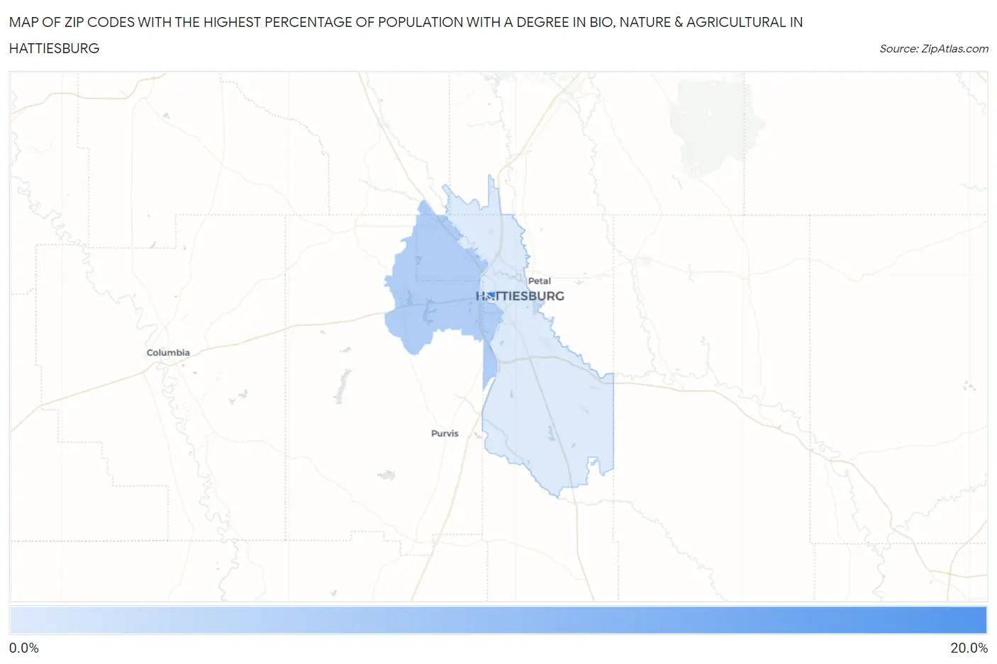 Zip Codes with the Highest Percentage of Population with a Degree in Bio, Nature & Agricultural in Hattiesburg Map
