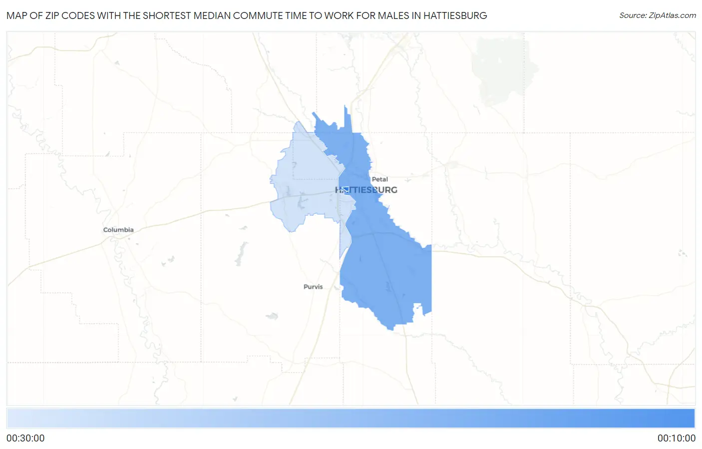 Zip Codes with the Shortest Median Commute Time to Work for Males in Hattiesburg Map
