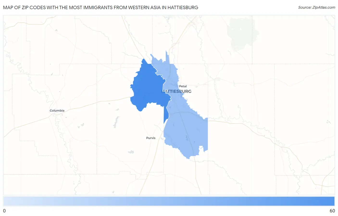 Zip Codes with the Most Immigrants from Western Asia in Hattiesburg Map