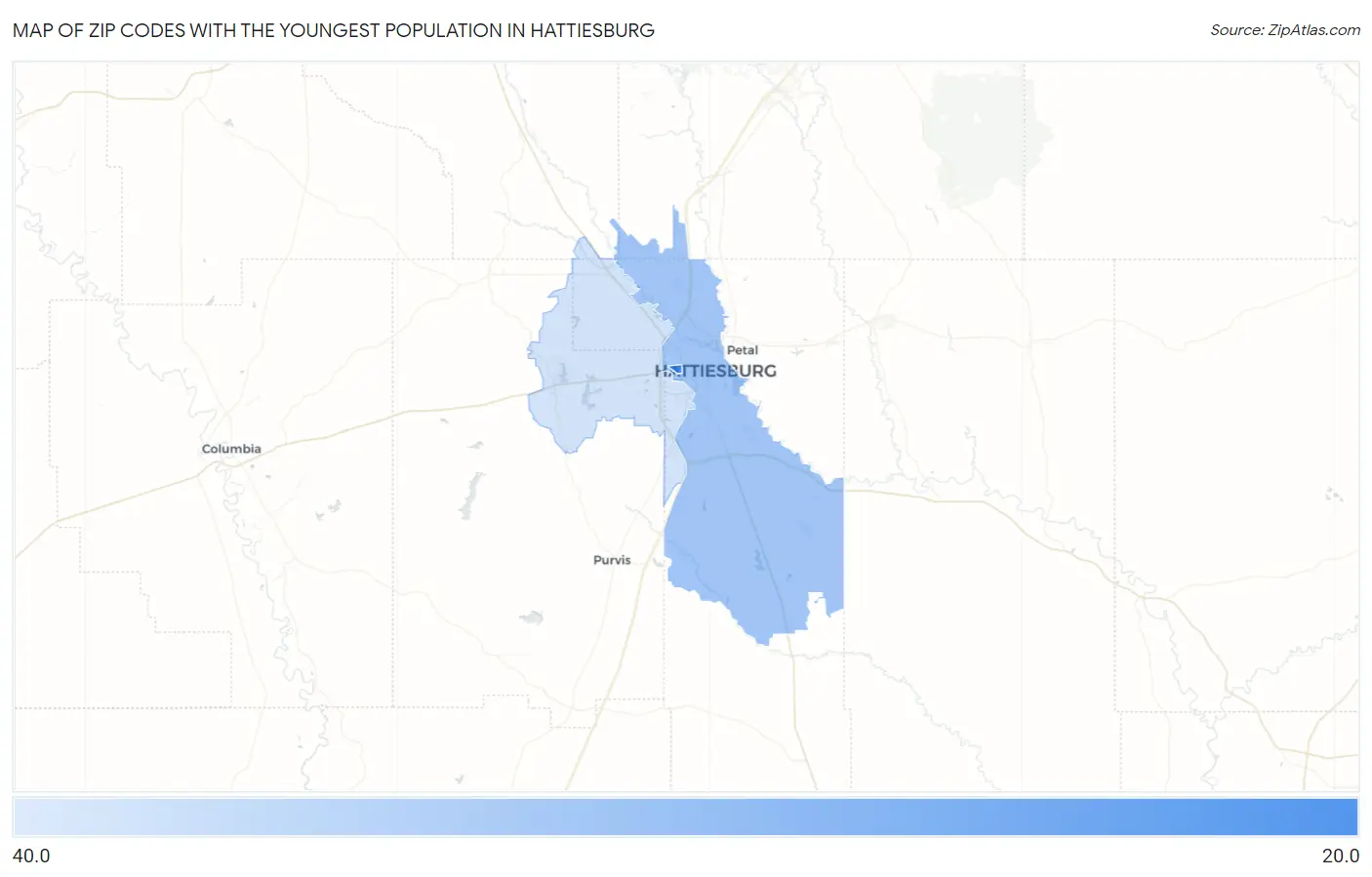 Zip Codes with the Youngest Population in Hattiesburg Map