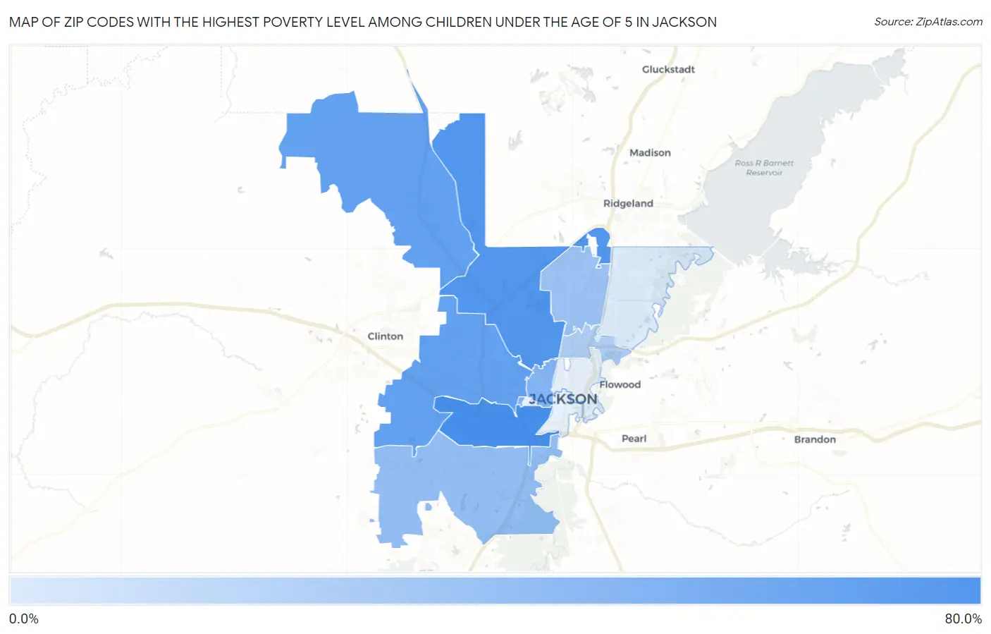 Zip Codes with the Highest Poverty Level Among Children Under the Age of 5 in Jackson Map