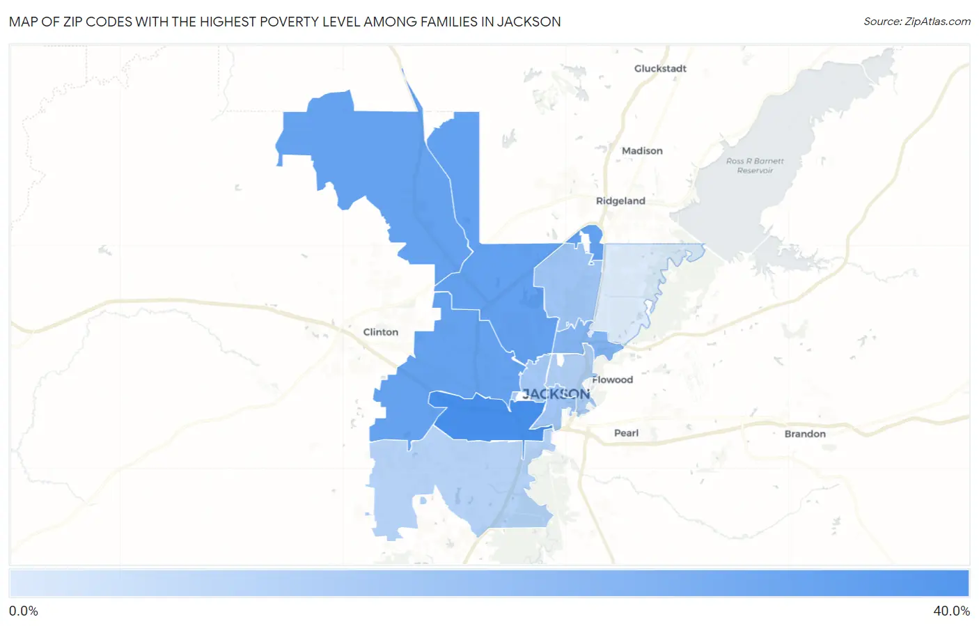 Zip Codes with the Highest Poverty Level Among Families in Jackson Map