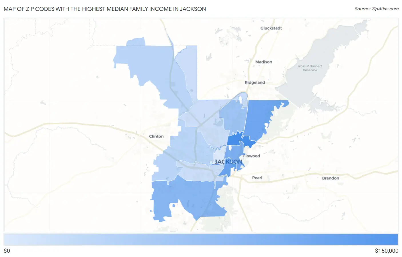 Zip Codes with the Highest Median Family Income in Jackson Map