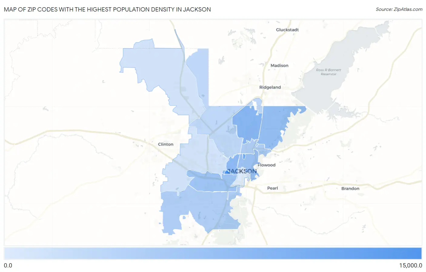 Zip Codes with the Highest Population Density in Jackson Map