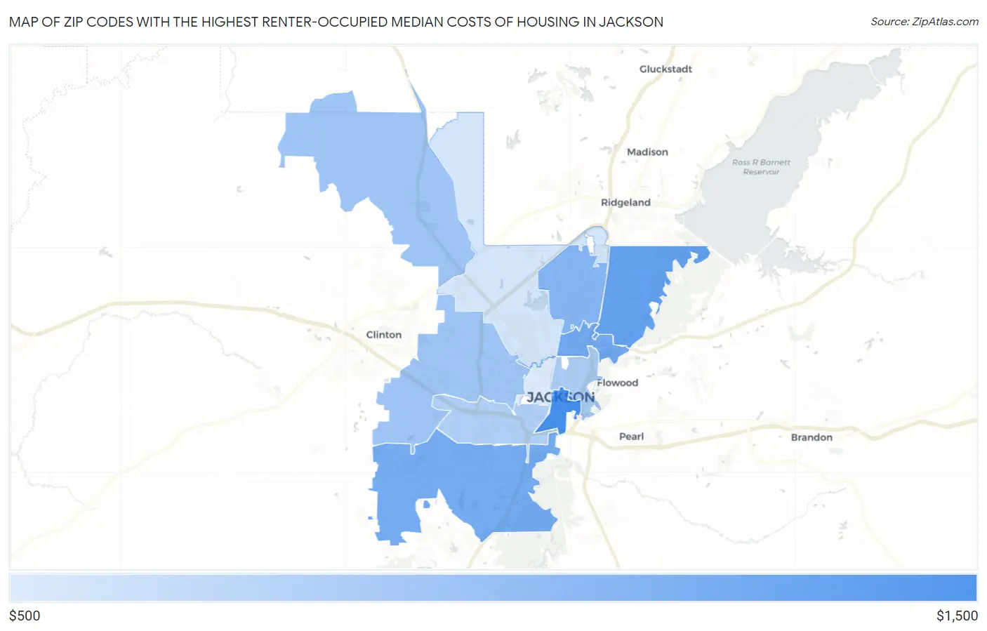 Zip Codes with the Highest Renter-Occupied Median Costs of Housing in Jackson Map