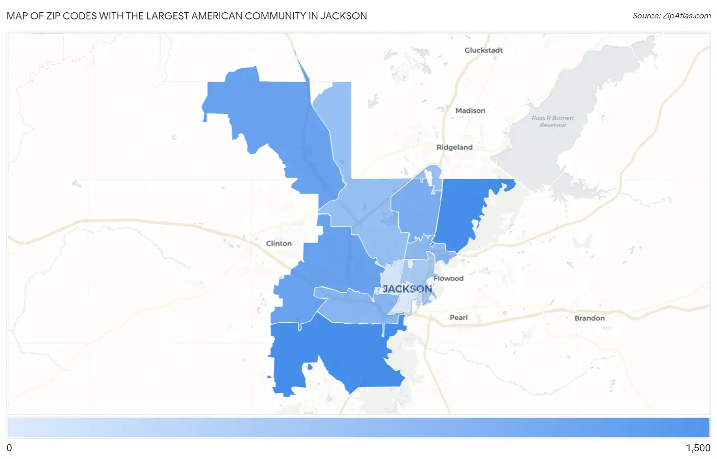 Zip Codes with the Largest American Community in Jackson Map