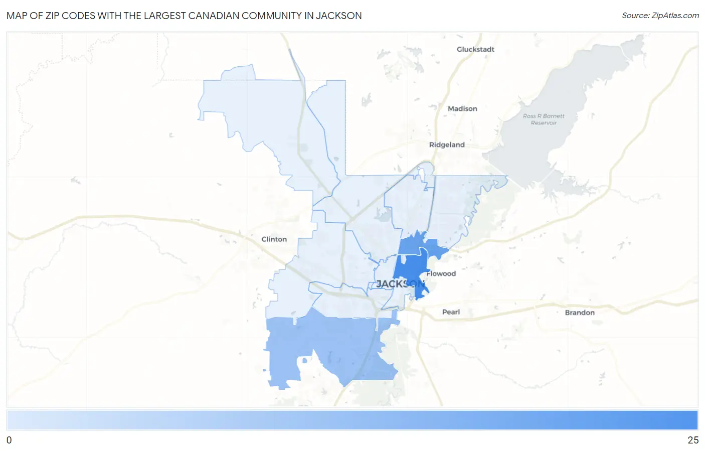 Zip Codes with the Largest Canadian Community in Jackson Map