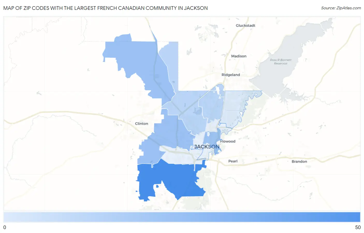 Zip Codes with the Largest French Canadian Community in Jackson Map
