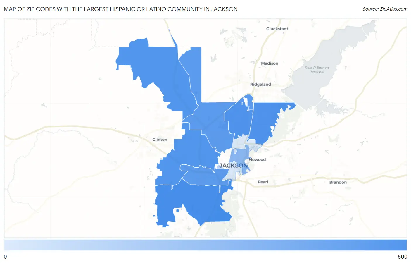 Zip Codes with the Largest Hispanic or Latino Community in Jackson Map
