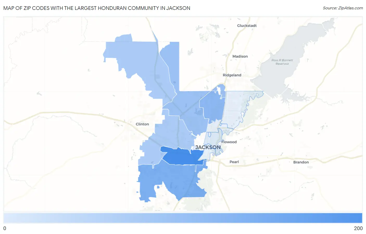 Zip Codes with the Largest Honduran Community in Jackson Map