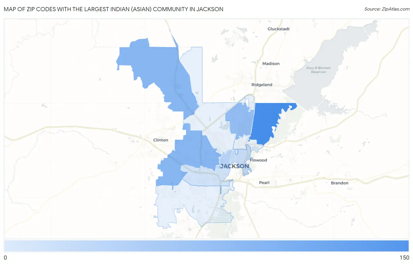 Zip Codes with the Largest Indian (Asian) Community in Jackson Map