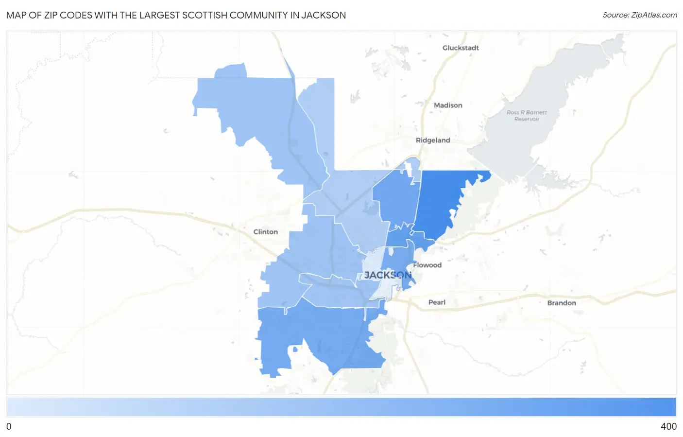 Zip Codes with the Largest Scottish Community in Jackson Map