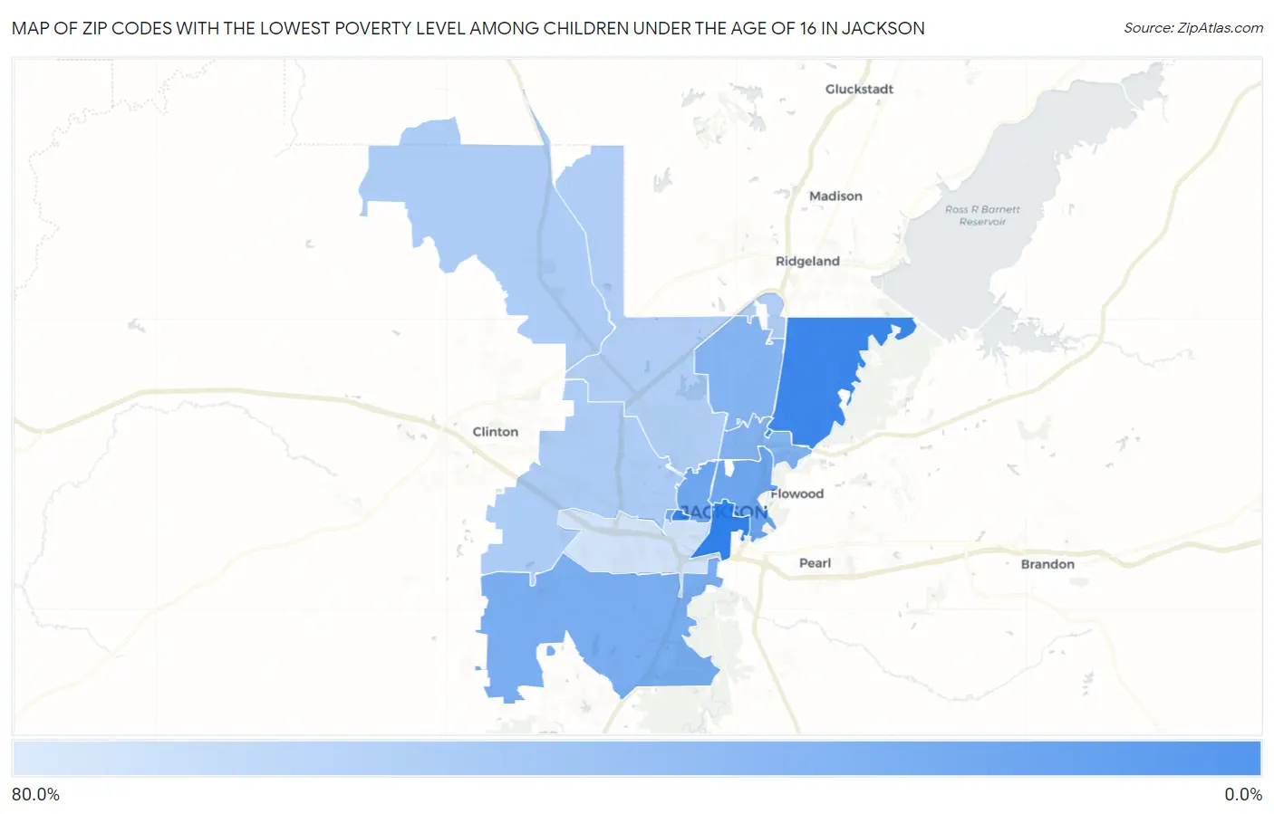 Zip Codes with the Lowest Poverty Level Among Children Under the Age of 16 in Jackson Map