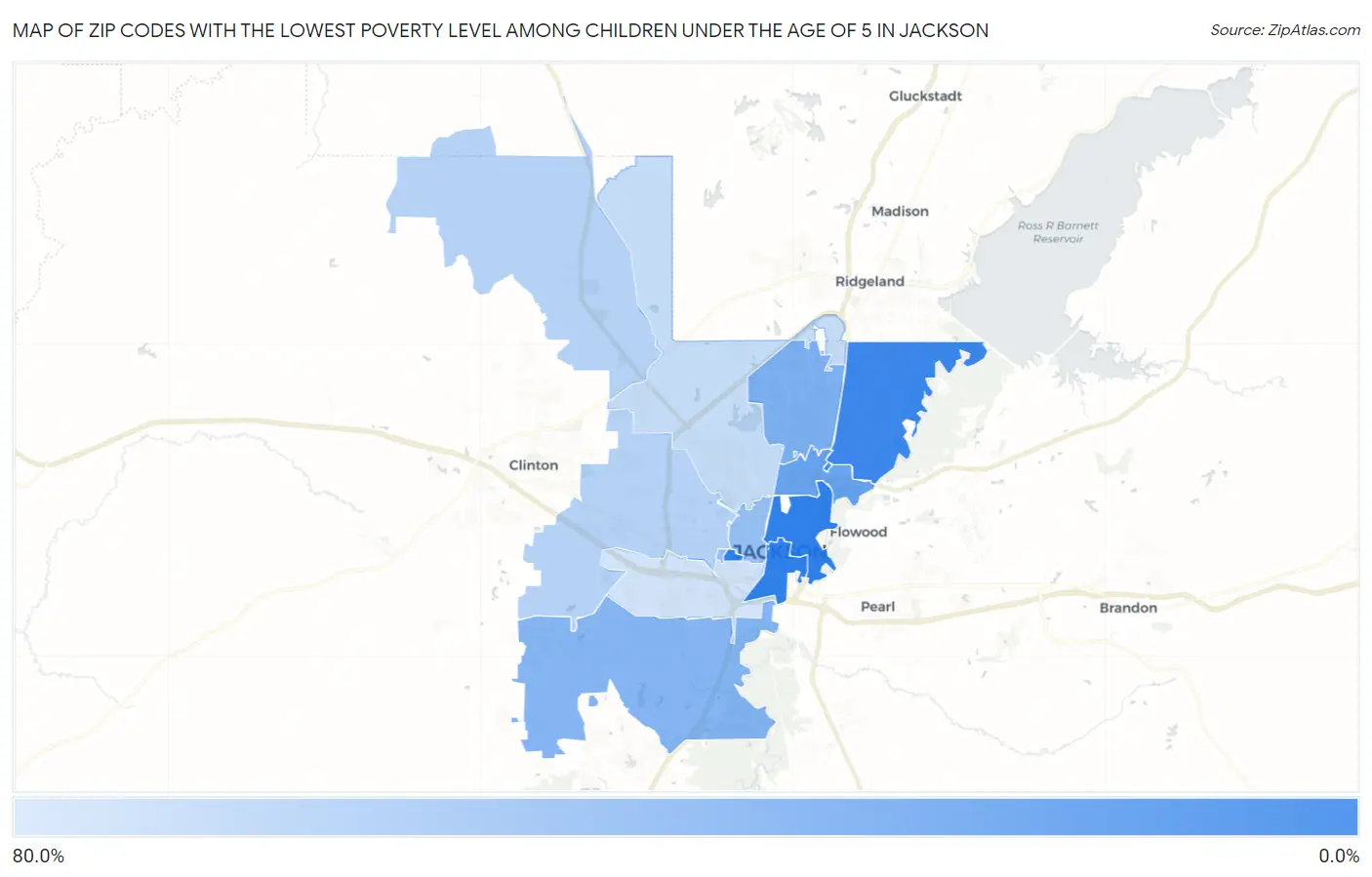 Zip Codes with the Lowest Poverty Level Among Children Under the Age of 5 in Jackson Map
