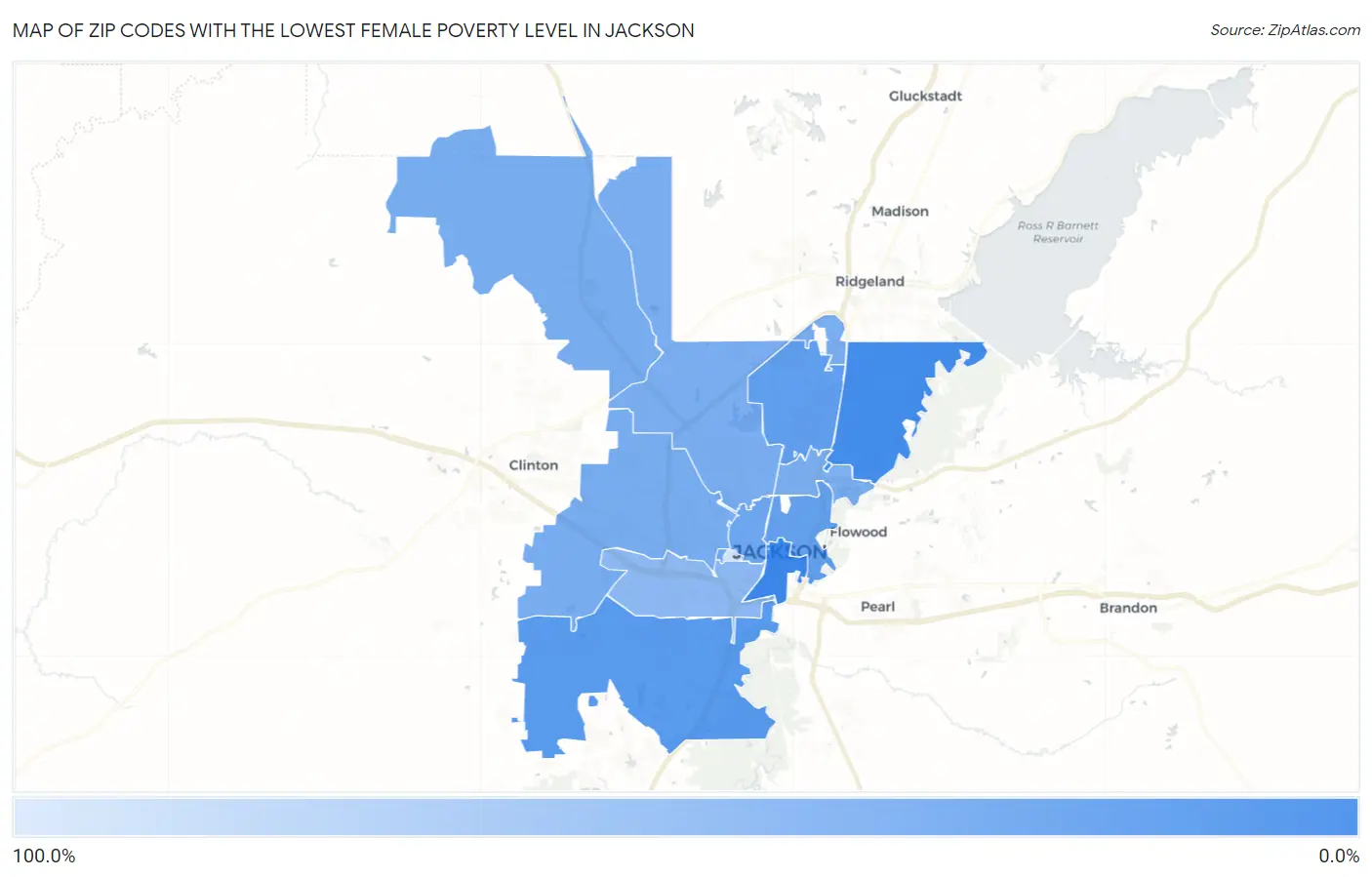Zip Codes with the Lowest Female Poverty Level in Jackson Map