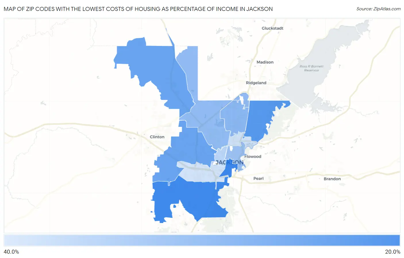 Zip Codes with the Lowest Costs of Housing as Percentage of Income in Jackson Map
