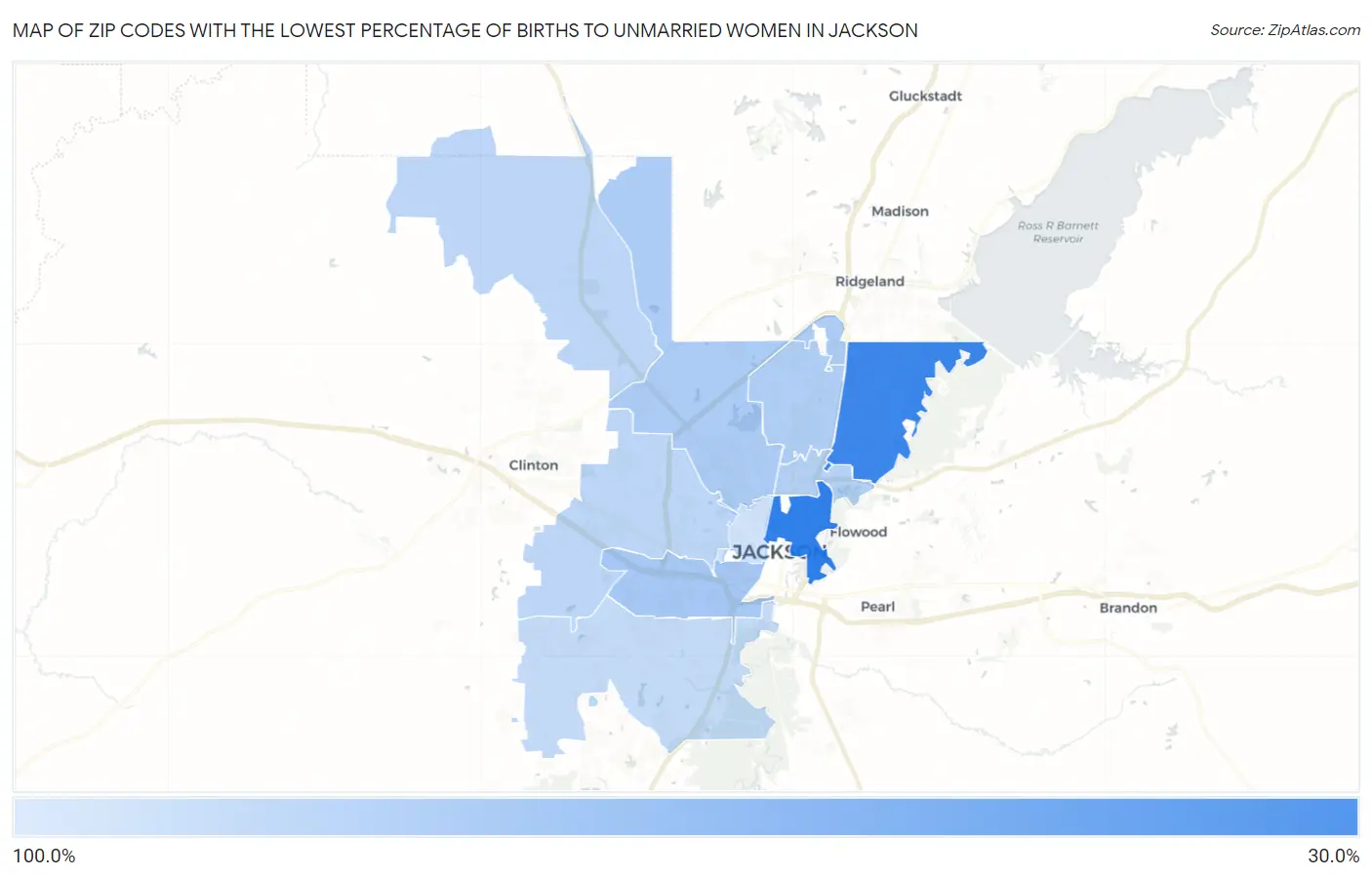 Zip Codes with the Lowest Percentage of Births to Unmarried Women in Jackson Map