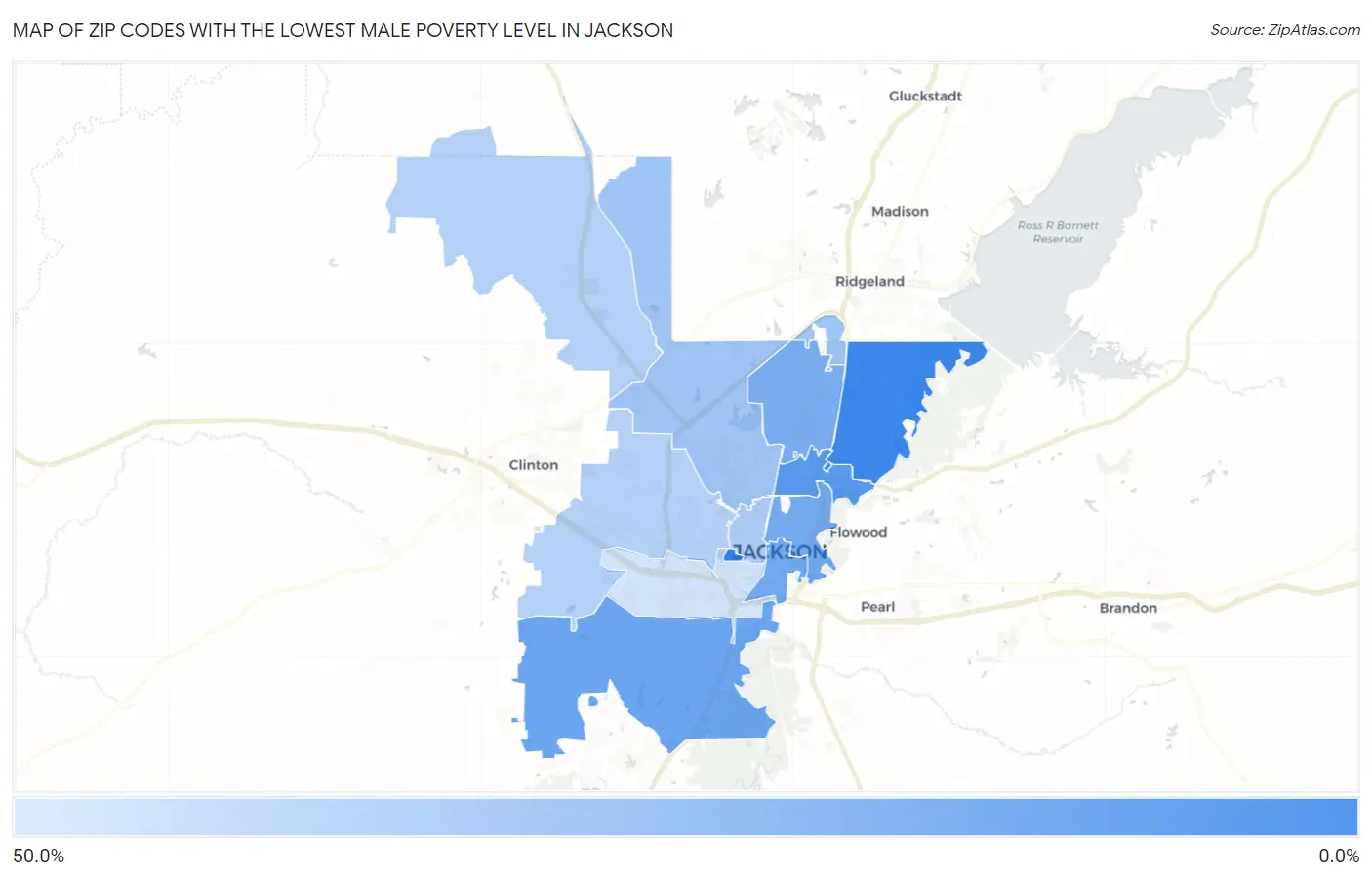 Zip Codes with the Lowest Male Poverty Level in Jackson Map