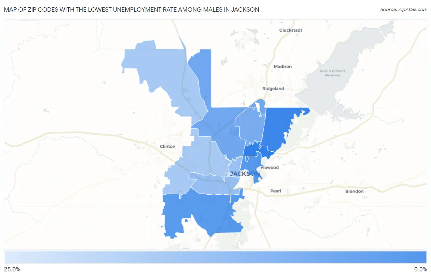 Zip Codes with the Lowest Unemployment Rate Among Males in Jackson Map