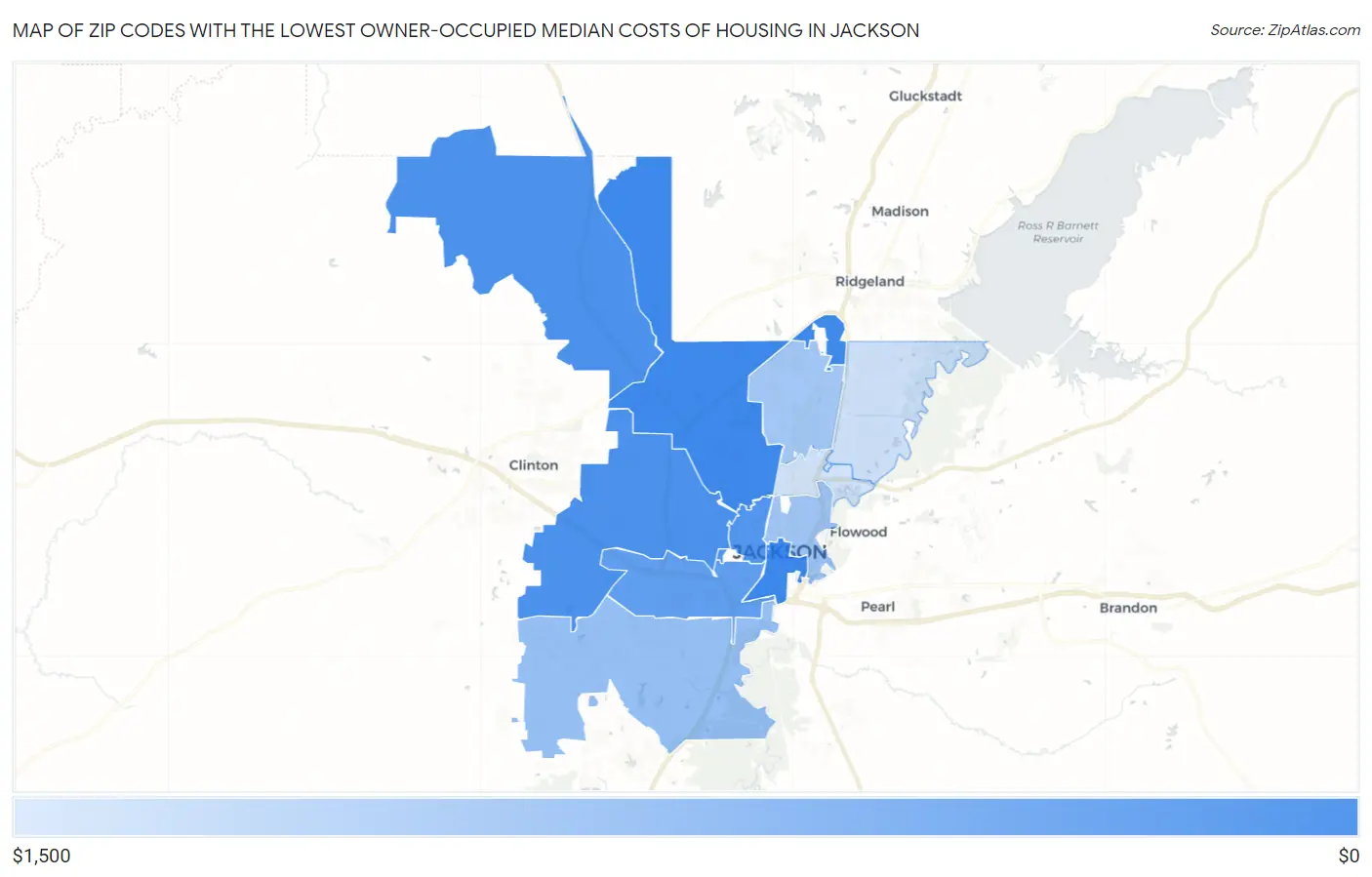 Zip Codes with the Lowest Owner-Occupied Median Costs of Housing in Jackson Map