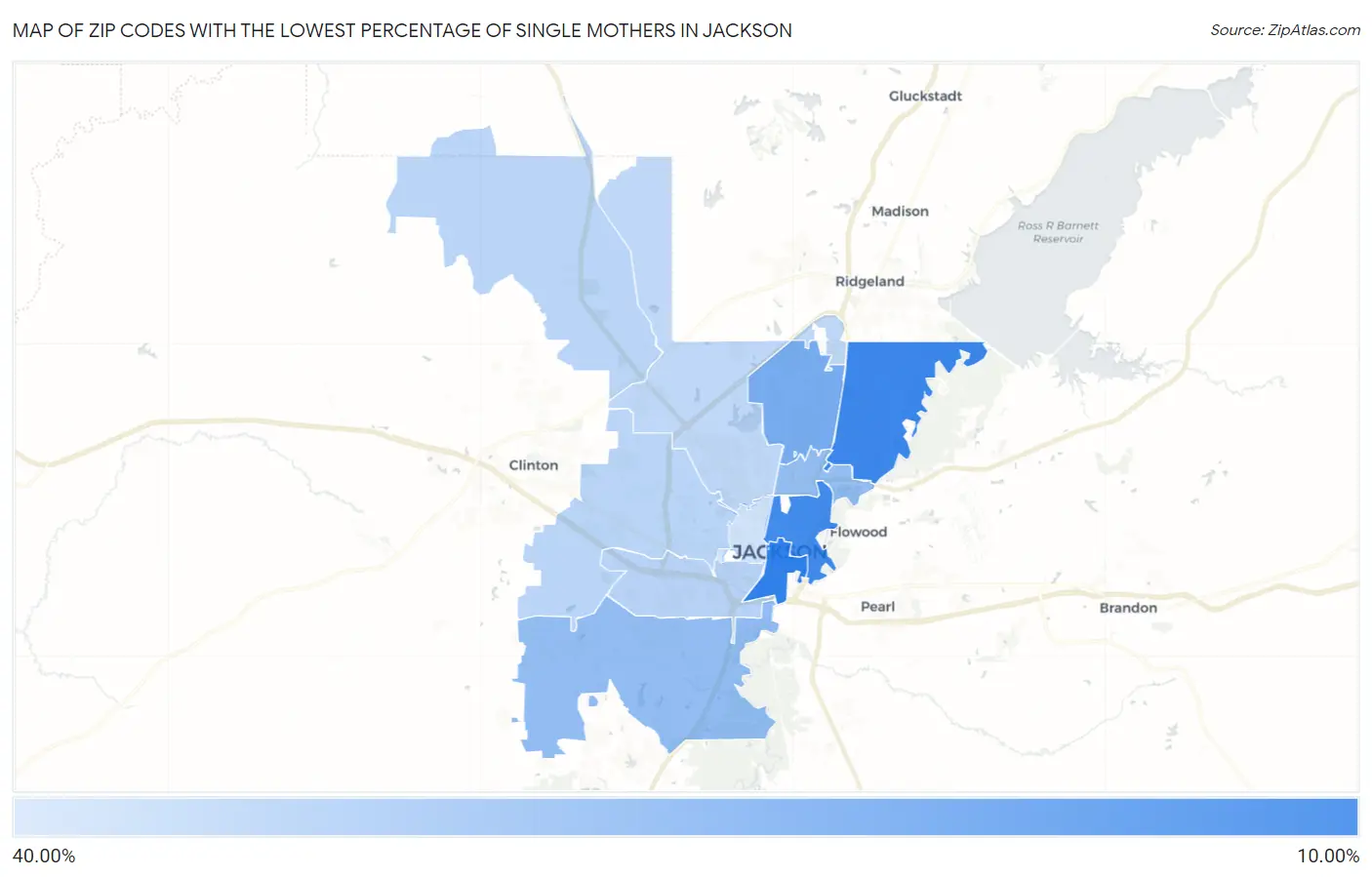 Zip Codes with the Lowest Percentage of Single Mothers in Jackson Map