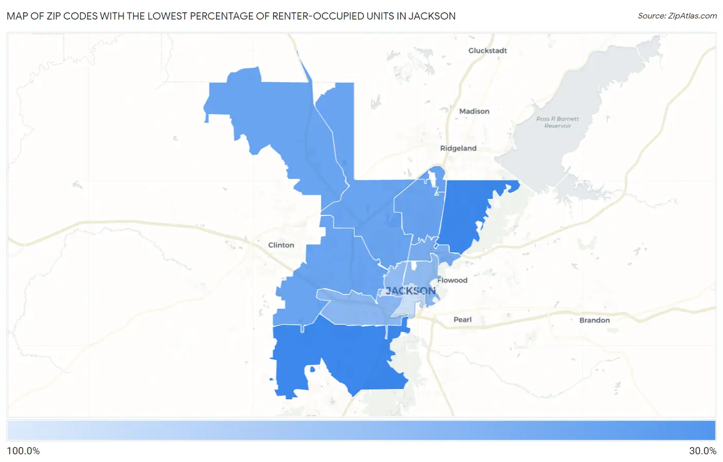 Zip Codes with the Lowest Percentage of Renter-Occupied Units in Jackson Map