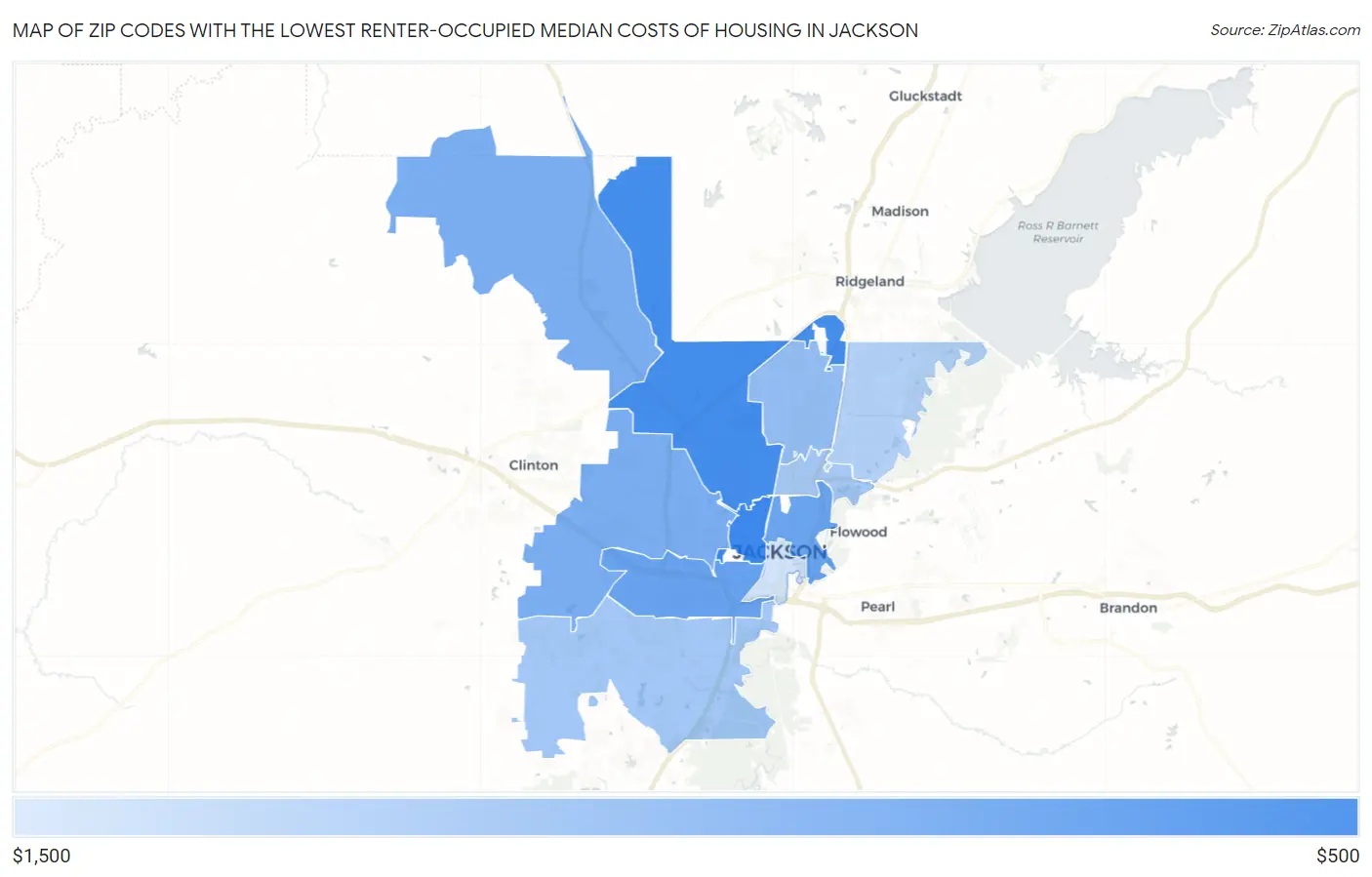 Zip Codes with the Lowest Renter-Occupied Median Costs of Housing in Jackson Map