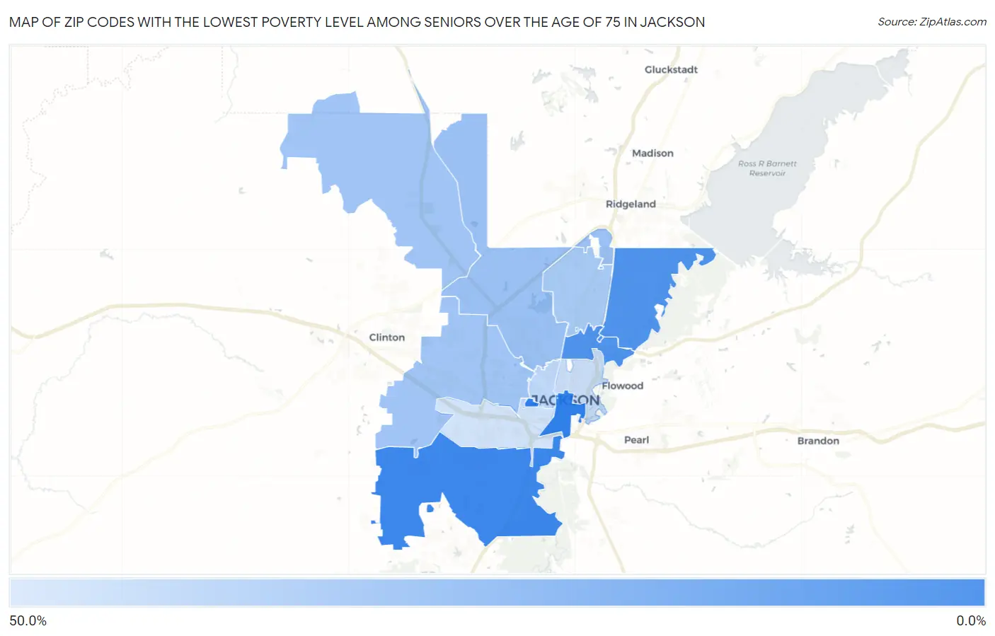 Zip Codes with the Lowest Poverty Level Among Seniors Over the Age of 75 in Jackson Map