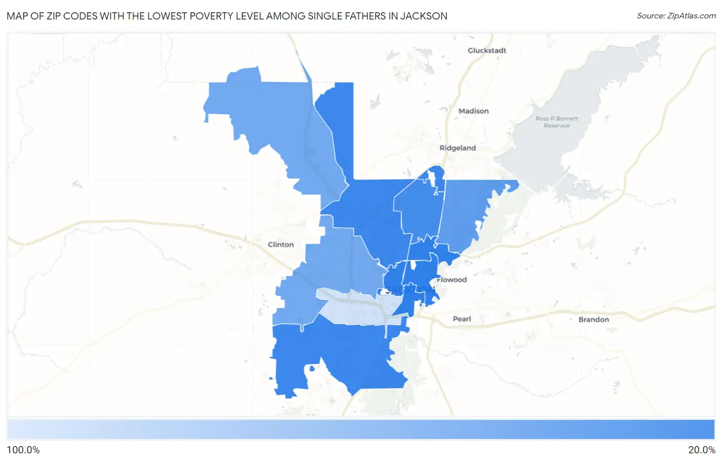 Zip Codes with the Lowest Poverty Level Among Single Fathers in Jackson Map