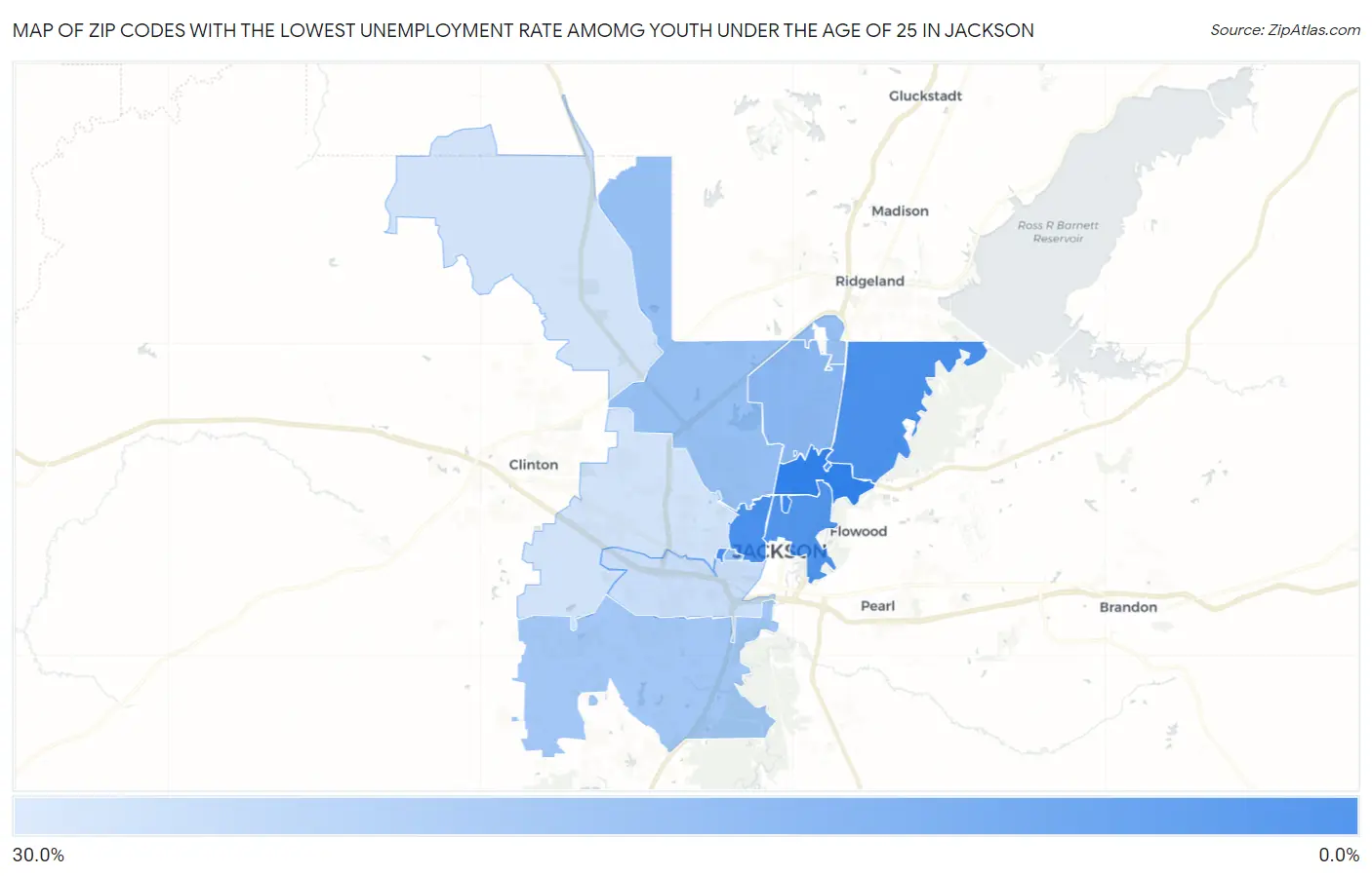 Zip Codes with the Lowest Unemployment Rate Amomg Youth Under the Age of 25 in Jackson Map