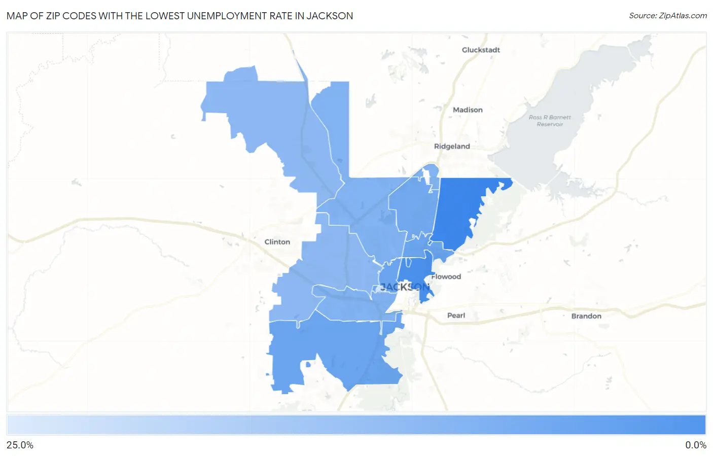Zip Codes with the Lowest Unemployment Rate in Jackson Map