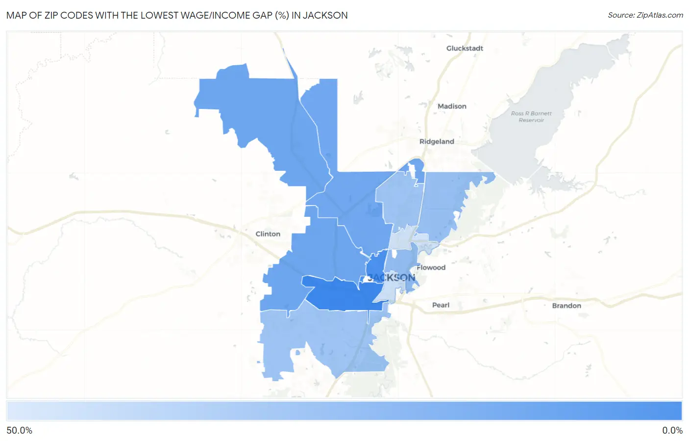 Zip Codes with the Lowest Wage/Income Gap (%) in Jackson Map