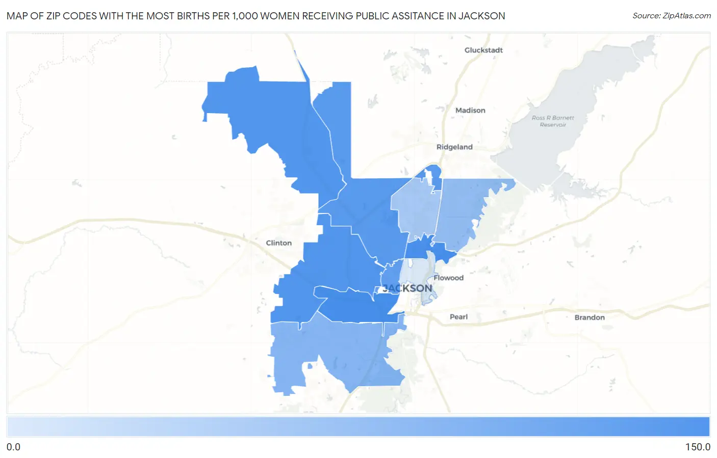 Zip Codes with the Most Births per 1,000 Women Receiving Public Assitance in Jackson Map